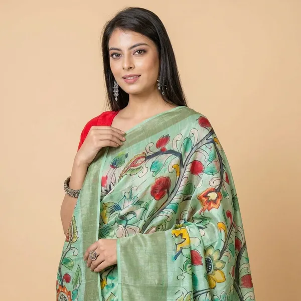 Mint_Green_Floral_Printed_Silk_Saree_With_Red_Blouse