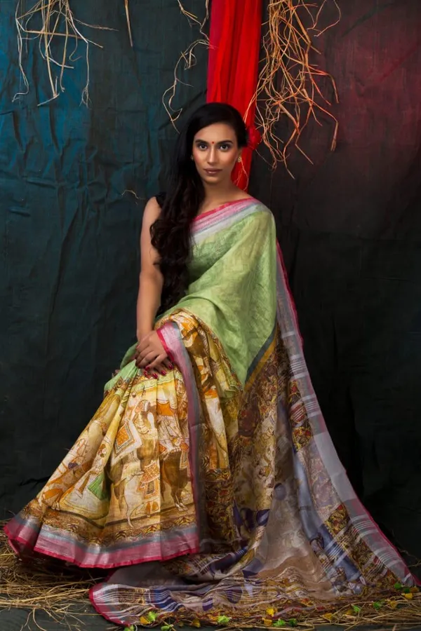 Elegant_Handloom_Silk_Saree_With_Madhubani_Art_Border_-_Green_&_Yellow