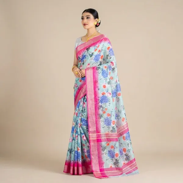 Elegant_Floral_Print_Saree_With_Pink_Border_And_Silver_Blouse