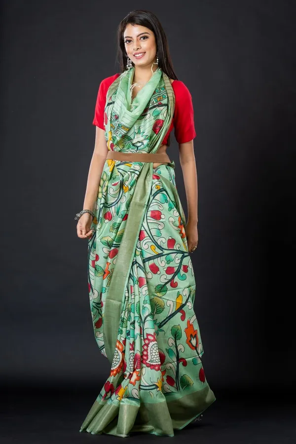 Mint_Green_Floral_Printed_Silk_Saree_With_Red_Blouse