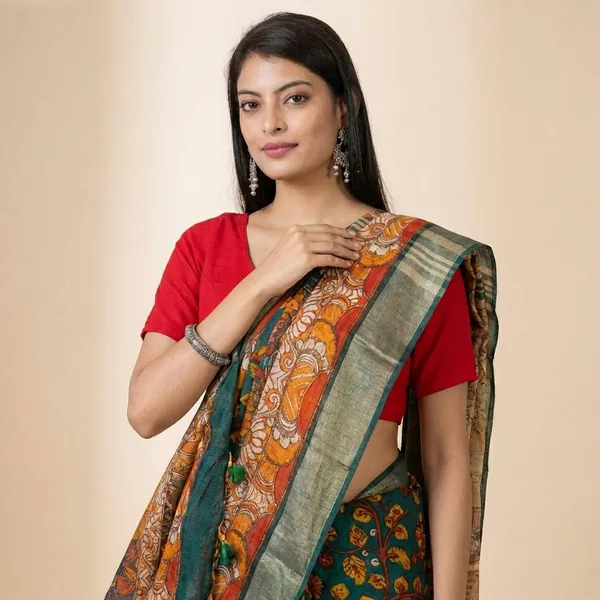 Green_Paithani_Silk_Saree_With_Orange_Border_And_Red_Blouse