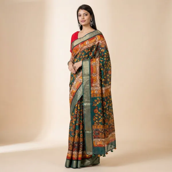 Green_Paithani_Silk_Saree_With_Orange_Border_And_Red_Blouse