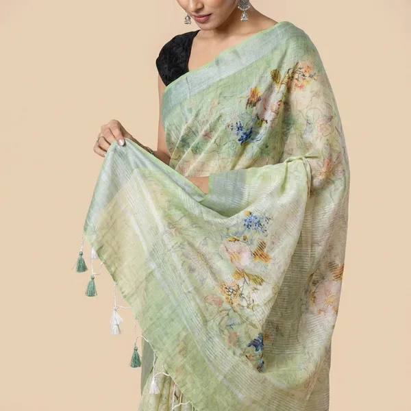 Elegant_Mint_Green_Printed_Linen_Saree_With_Black_Blouse