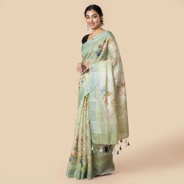 Elegant_Mint_Green_Printed_Linen_Saree_With_Black_Blouse