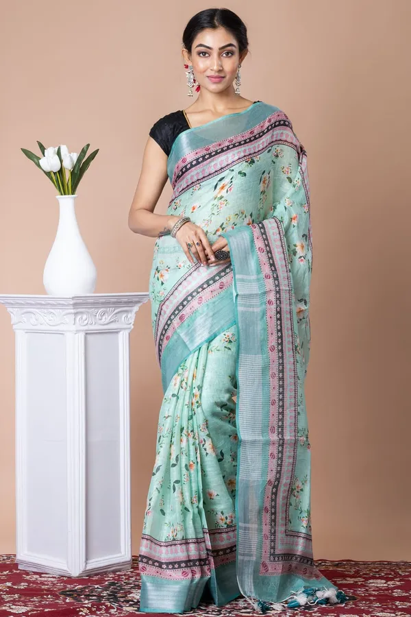 Mint_Green_Floral_Print_Saree_With_Pink_Border_And_Embellished_Pallu