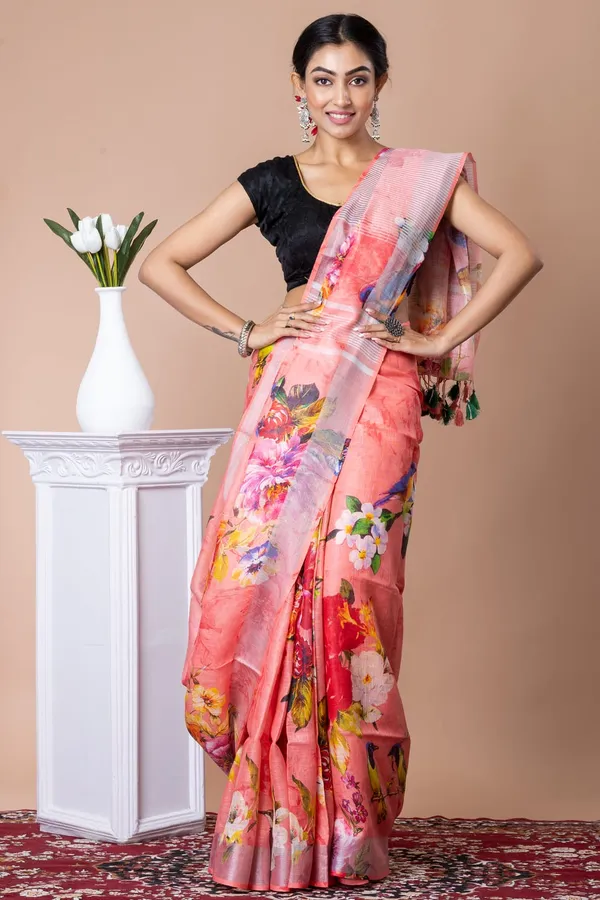 Floral_Print_Pink_Organza_Saree_With_Black_Blouse