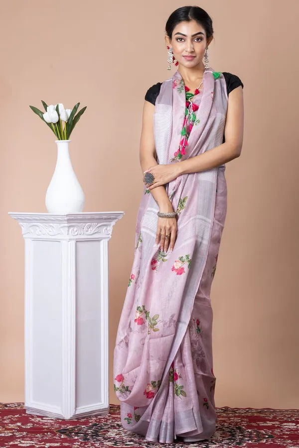 Elegant_Floral_Linen_Saree_With_Blouse_Piece