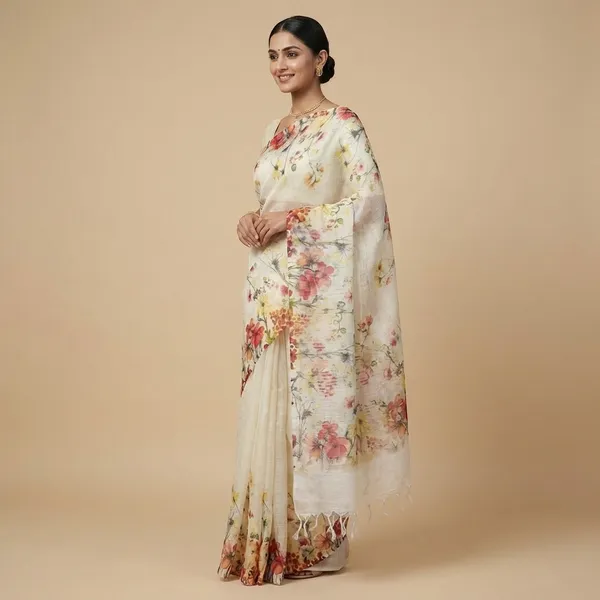 Elegant_Floral_Print_Linen_Saree_With_Matching_Blouse_Piece