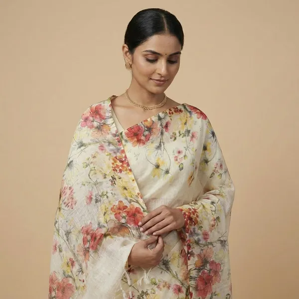 Elegant_Floral_Print_Linen_Saree_With_Matching_Blouse_Piece