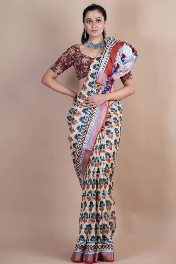 Handloom_Printed_Saree_With_Kalamkari_Blouse