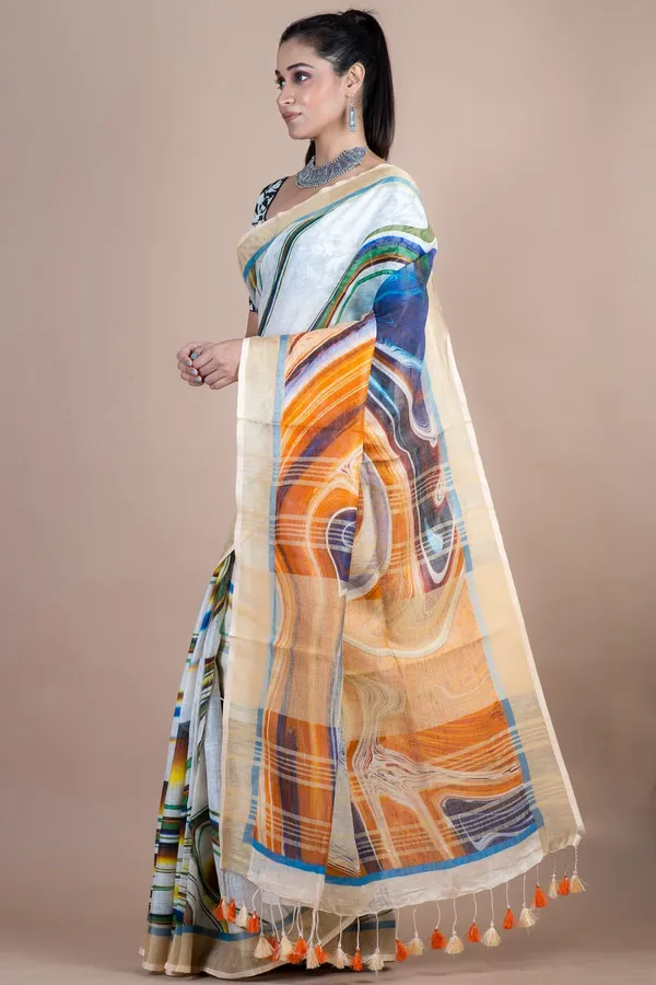 Elegant_Hand-Painted_Art_Saree_With_Multicolor_Abstract_Design_And_Tassel_Border