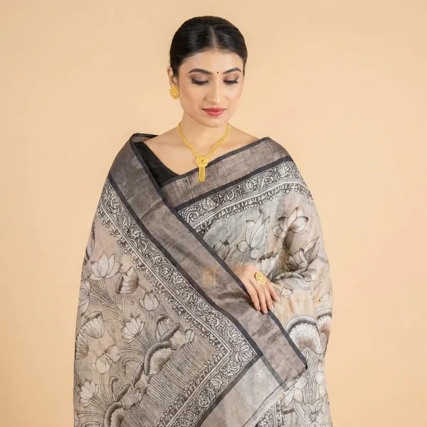 Grey_Madhubani_Print_Linen_Saree_With_Black_Border