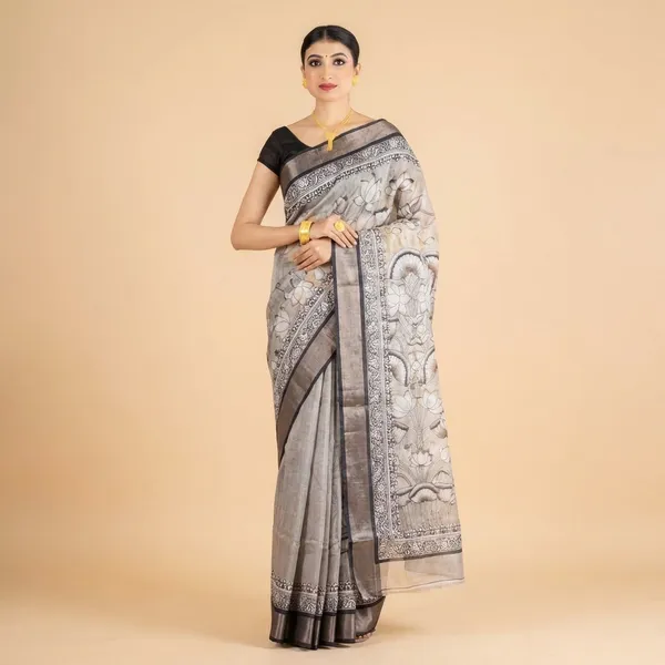 Grey_Madhubani_Print_Linen_Saree_With_Black_Border
