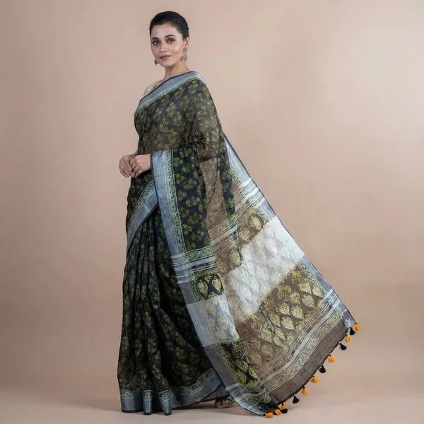 Elegant_Black_And_Green_Printed_Chanderi_Silk_Saree_With_Contrast_Border_And_Pom-Pom_Details