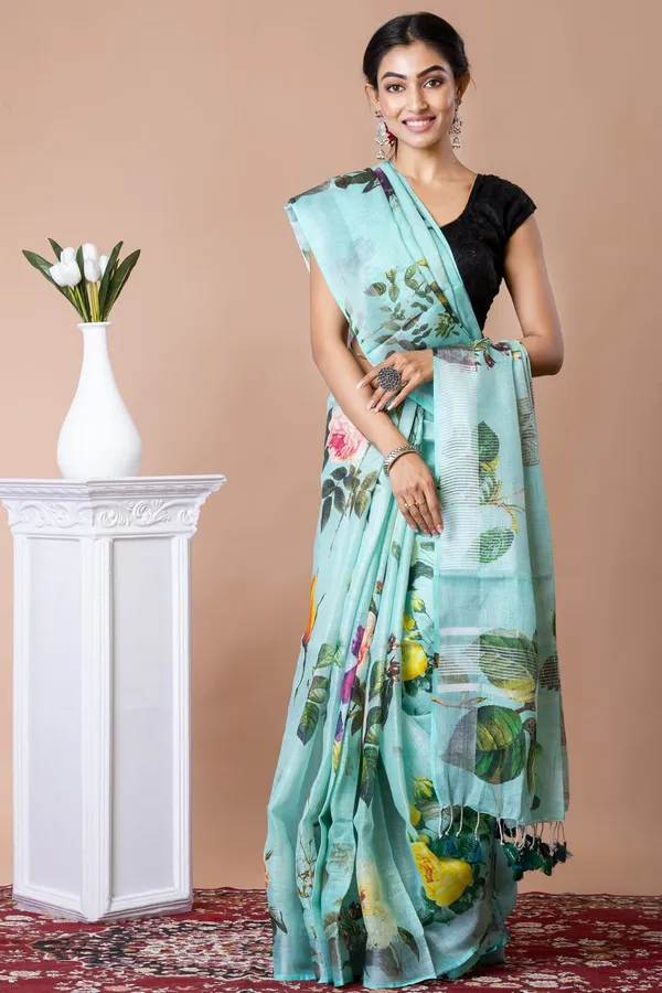 Floral_Print_Mint_Green_Saree_With_Black_Blouse