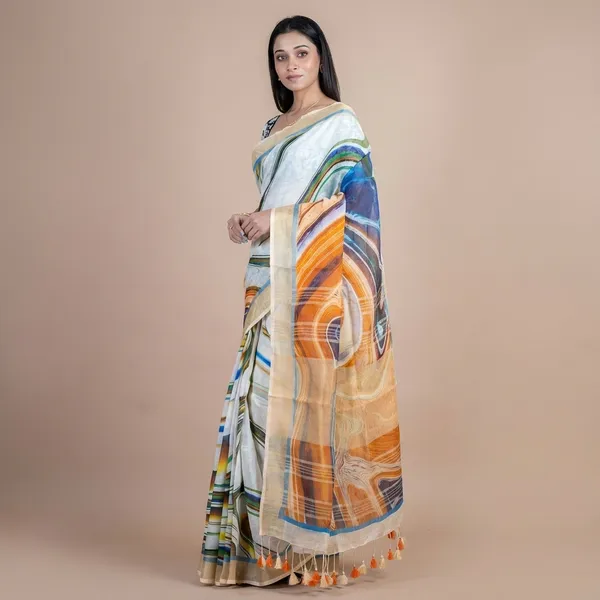 Elegant_Hand-Painted_Art_Saree_With_Multicolor_Abstract_Design_And_Tassel_Border