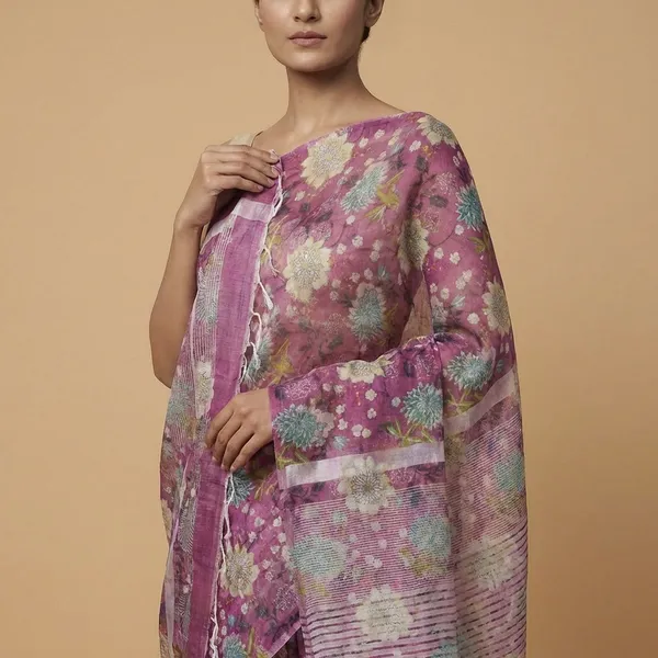 Purple_Floral_Linen_Saree_With_Blouse