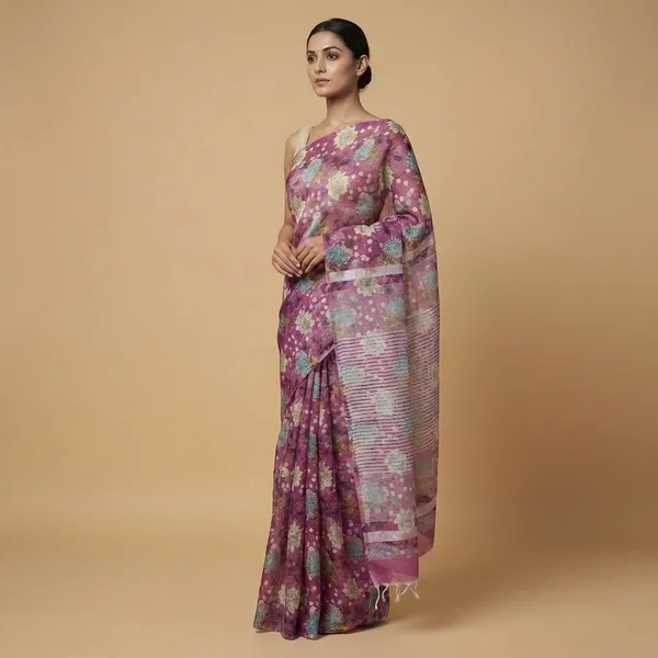 Purple_Floral_Linen_Saree_With_Blouse