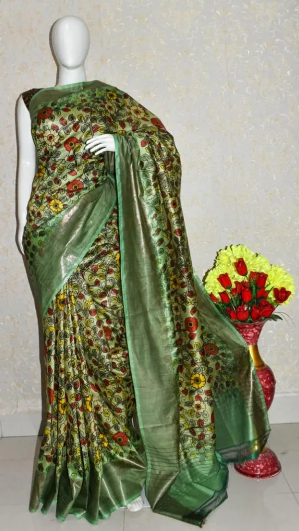 Green_Kalamkari_Printed_Silk_Saree_With_Floral_Motifs