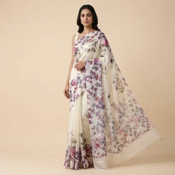 Floral_Print_Saree_With_Sheer_Fabric_-_Off_White_And_Purple