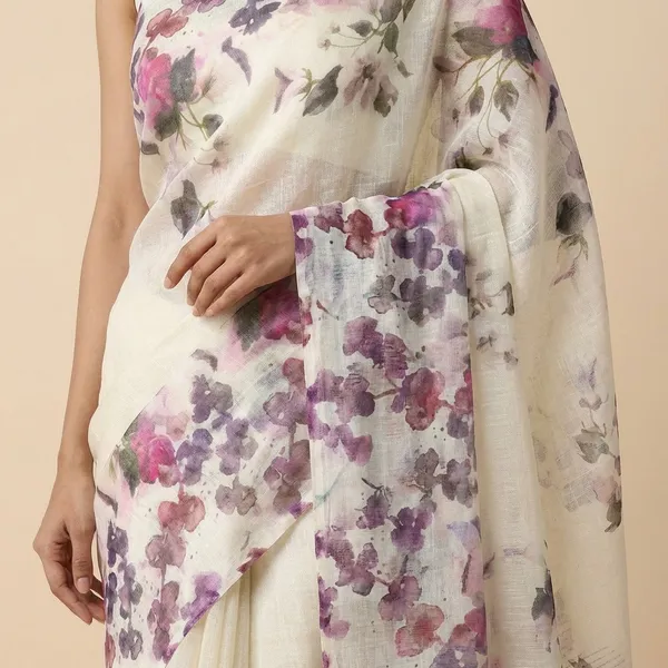Floral_Print_Saree_With_Sheer_Fabric_-_Off_White_And_Purple