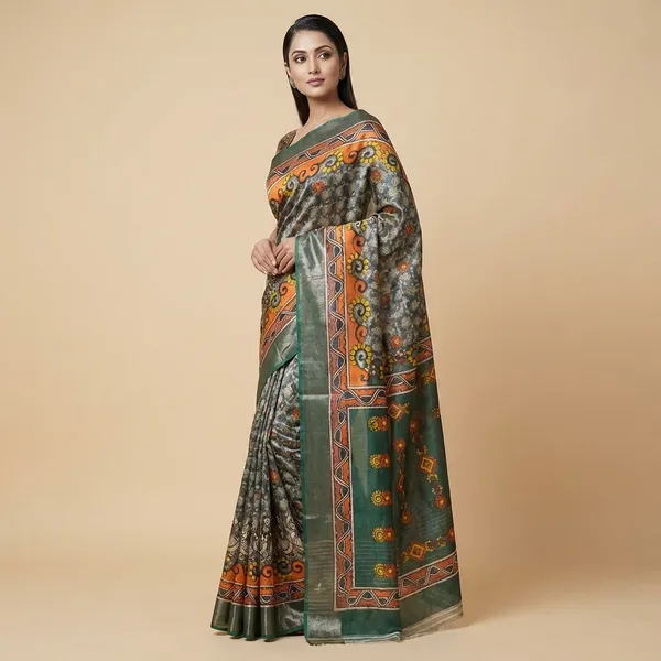 Traditional_Madhubani_Print_Tussar_Silk_Saree_With_Green_Border