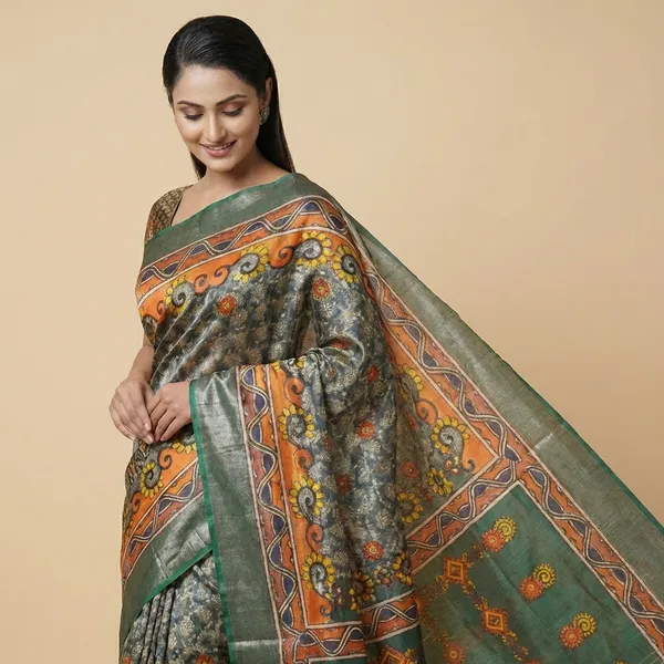 Traditional_Madhubani_Print_Tussar_Silk_Saree_With_Green_Border