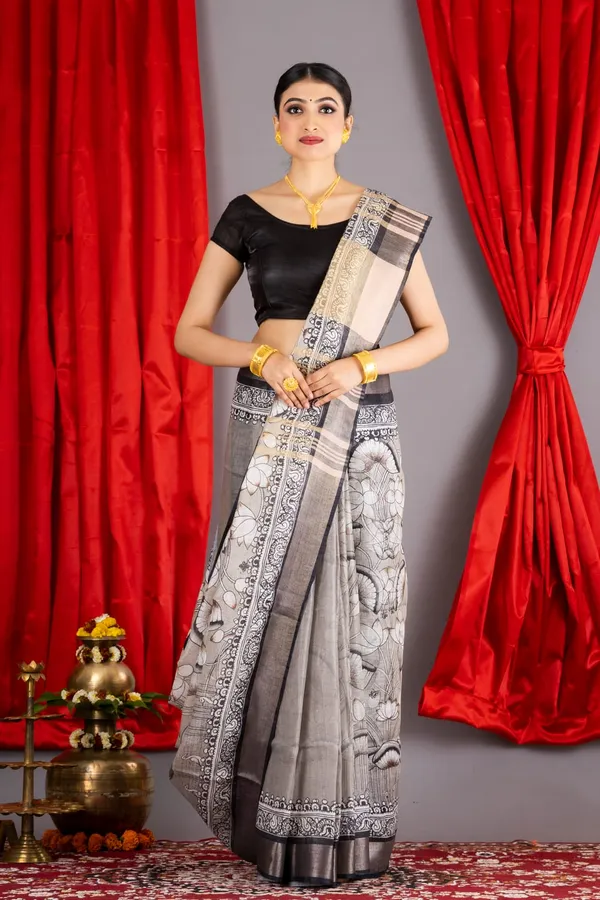 Grey_Madhubani_Print_Linen_Saree_With_Black_Border