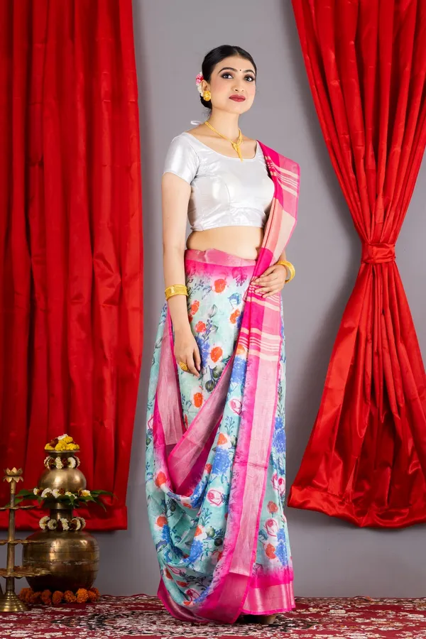 Elegant_Floral_Print_Saree_With_Pink_Border_And_Silver_Blouse