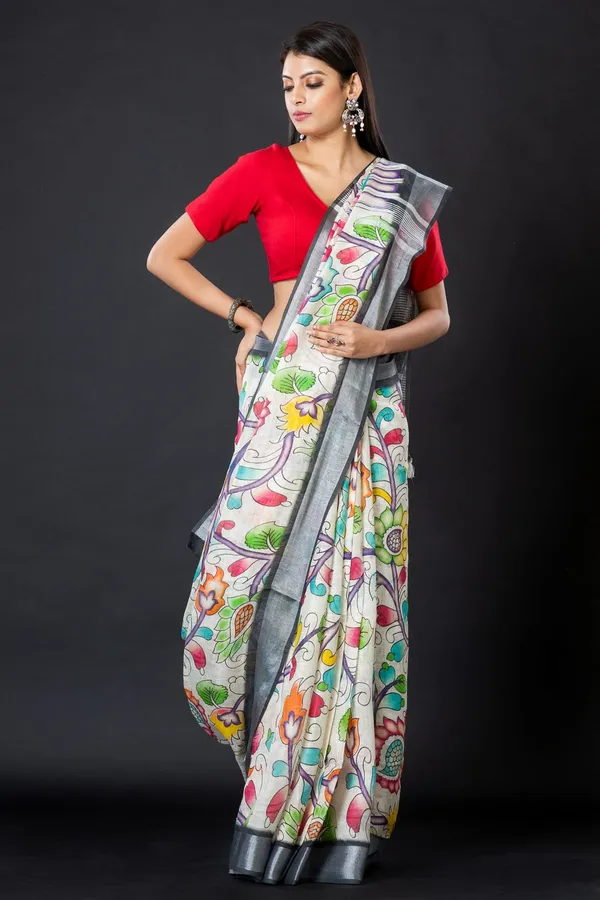 Hand-Painted_Floral_Kantha_Silk_Saree_With_Grey_Border