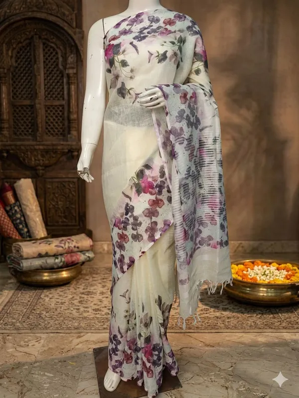 Floral_Print_Saree_With_Sheer_Fabric_-_Off_White_And_Purple