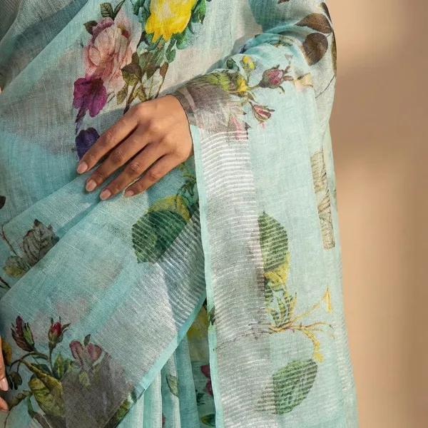 Floral_Print_Mint_Green_Saree_With_Black_Blouse