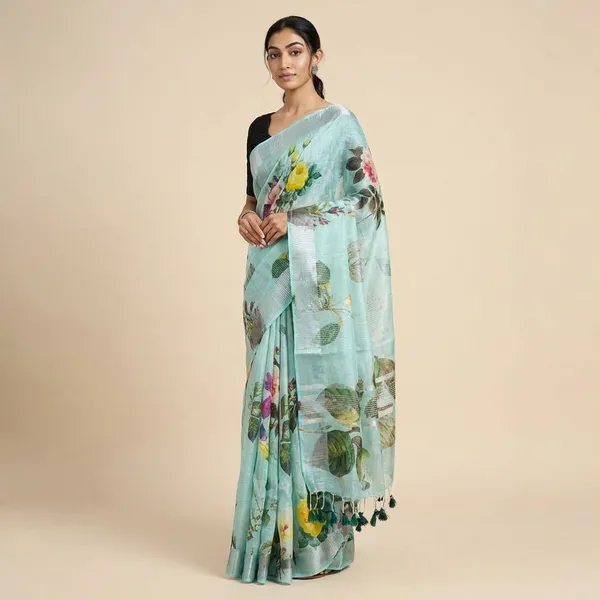 Floral_Print_Mint_Green_Saree_With_Black_Blouse