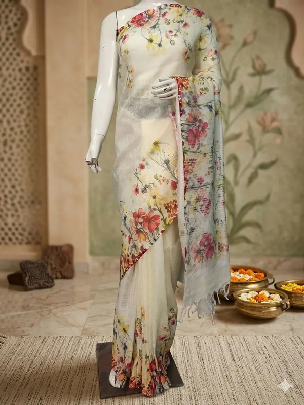 Elegant_Floral_Print_Linen_Saree_With_Matching_Blouse_Piece