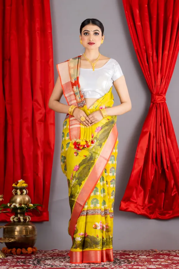 Traditional_Yellow_Floral_Printed_Linen_Saree_With_Red_Border