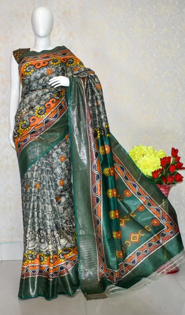 Traditional_Madhubani_Print_Tussar_Silk_Saree_With_Green_Border