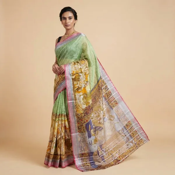 Elegant_Handloom_Silk_Saree_With_Madhubani_Art_Border_-_Green_&_Yellow