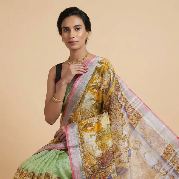 Elegant_Handloom_Silk_Saree_With_Madhubani_Art_Border_-_Green_&_Yellow