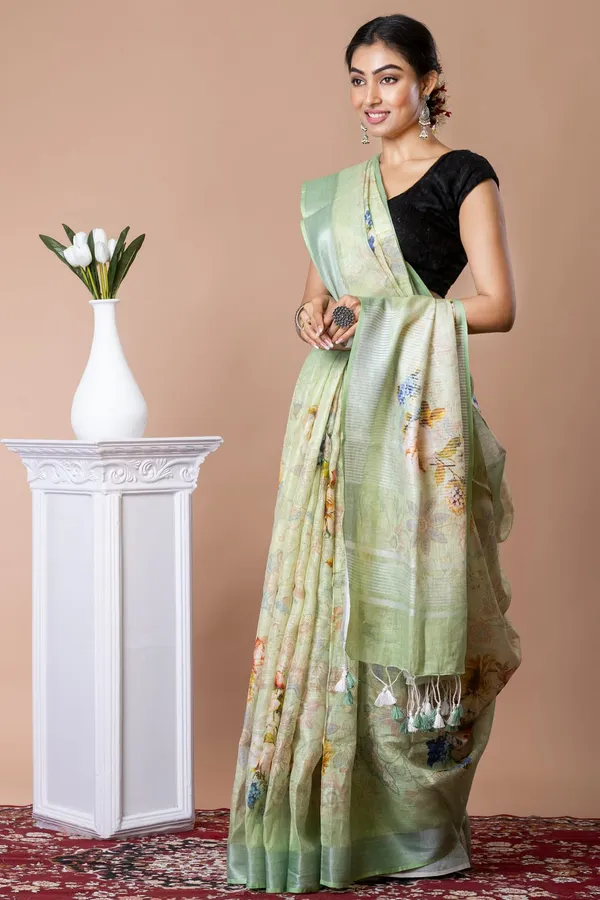 Elegant_Mint_Green_Printed_Linen_Saree_With_Black_Blouse