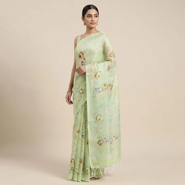 Elegant_Green_Floral_Printed_Saree_With_Delicate