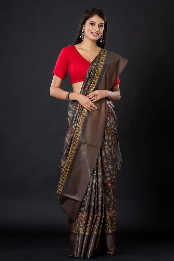 Elegant_Brown_Silk_Saree_With_Printed_Border_And_Red_Blouse