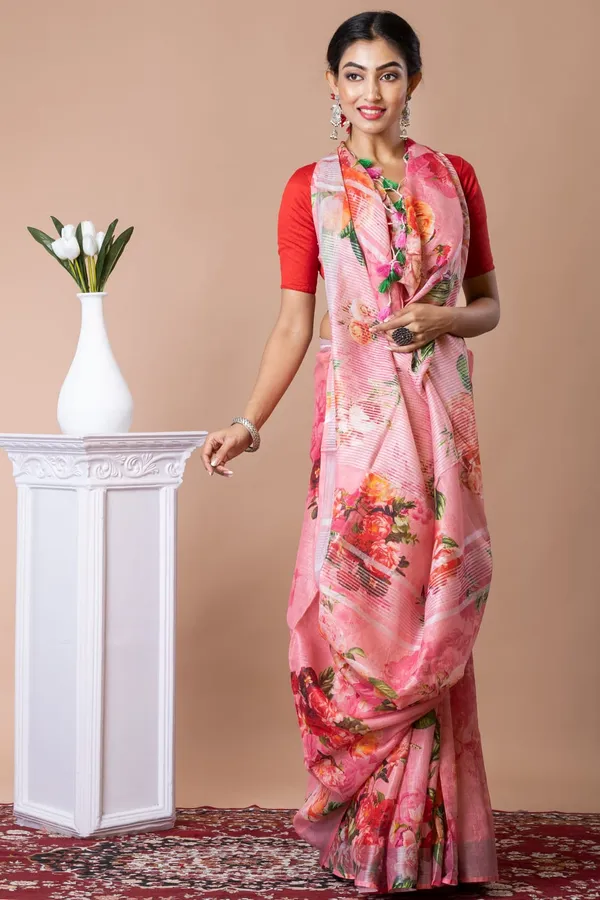 Pink_Floral_Print_Linen_Saree_With_Red_Blouse