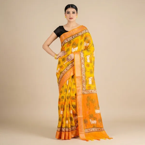 Traditional_Yellow_Linen_Saree_With_Black_Blouse