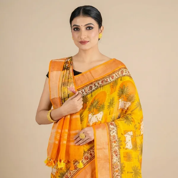 Traditional_Yellow_Linen_Saree_With_Black_Blouse
