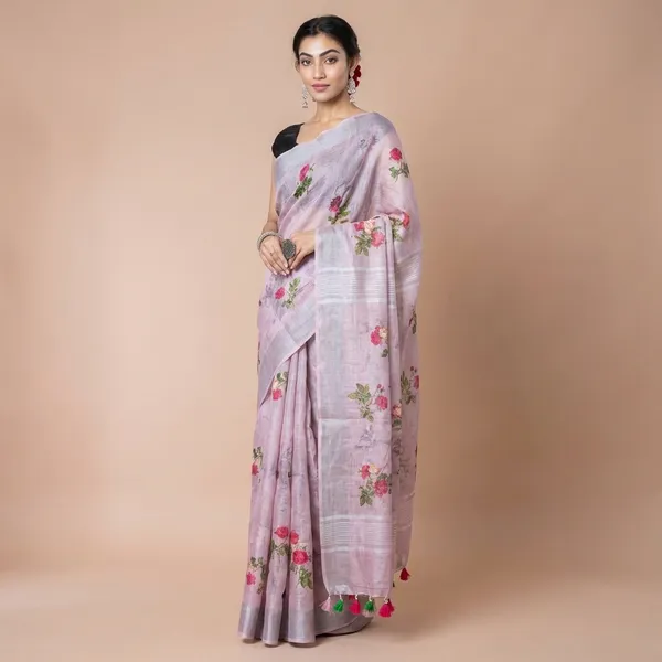 Elegant_Floral_Linen_Saree_With_Blouse_Piece