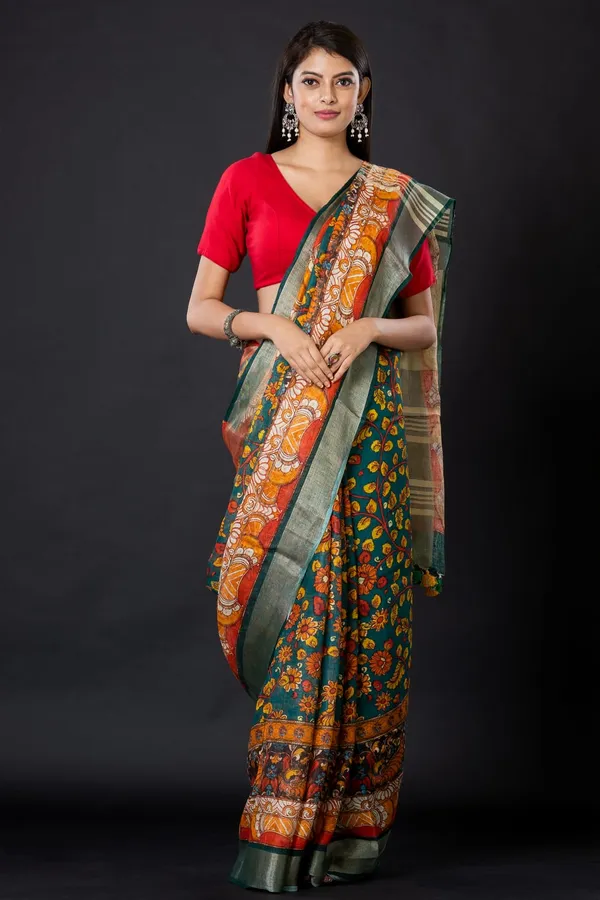 Green_Paithani_Silk_Saree_With_Orange_Border_And_Red_Blouse