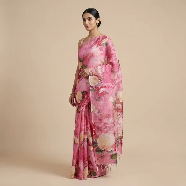 Pink_Floral_Printed_Saree_With_Elegant_Draping