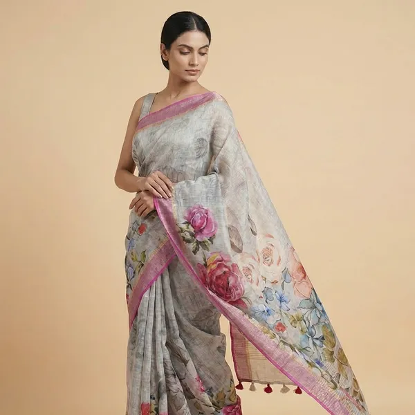 Elegant_Floral_Print_Saree_In_Grey_And_Pink