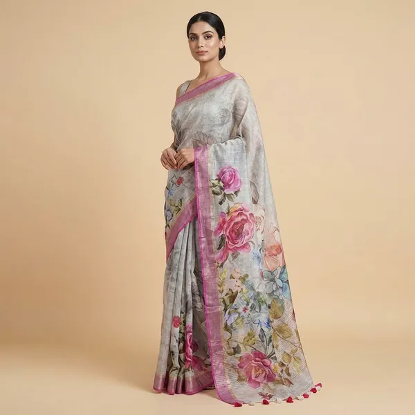 Elegant_Floral_Print_Saree_In_Grey_And_Pink