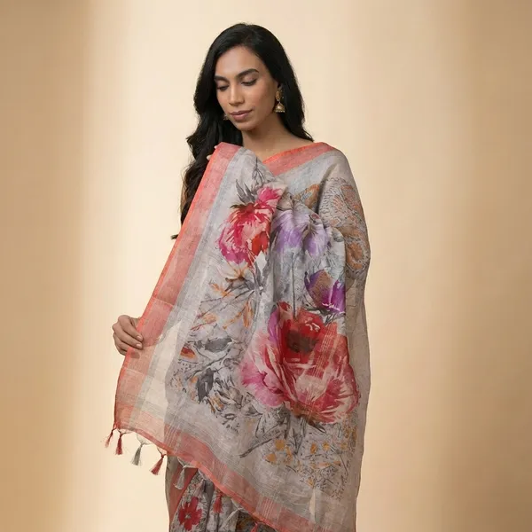 Printed_Organza_Saree_With_Floral_Design_And_Pink_Border